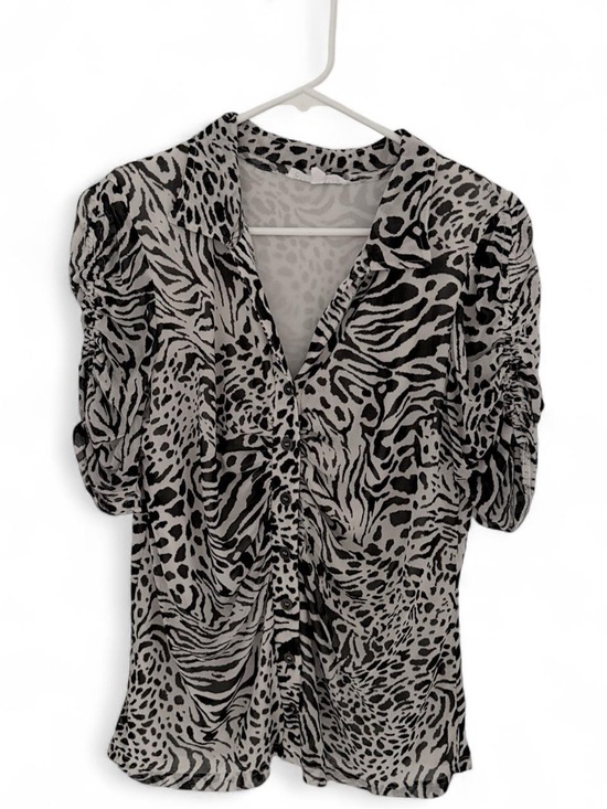 Jane and Delancey Tops - Women's Black and White Animal Print Button-Front Top